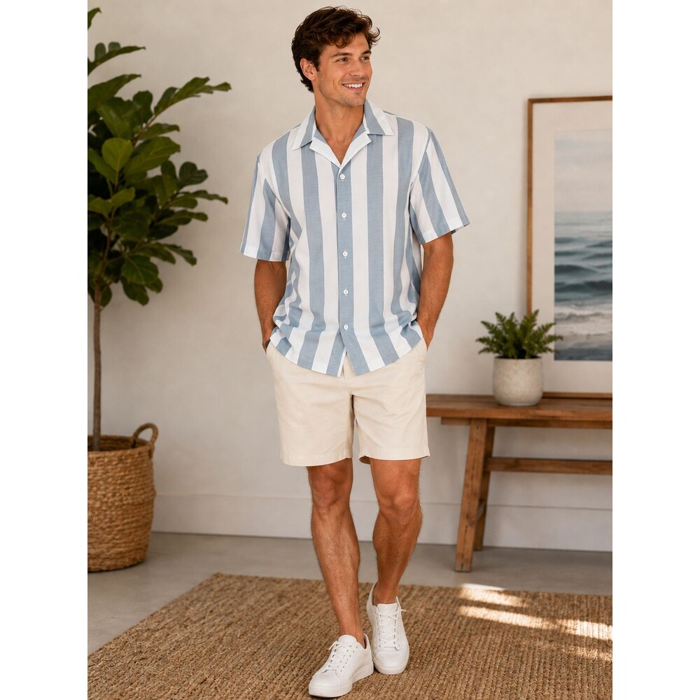 Michael Kors Men's M Blue White Wide Stripe Camp Collar Short Sleeve Shirt